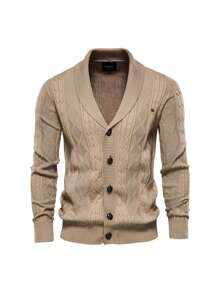 男士時尚品牌長袖針織開衫夾克 - 卡其色 - 查看 1