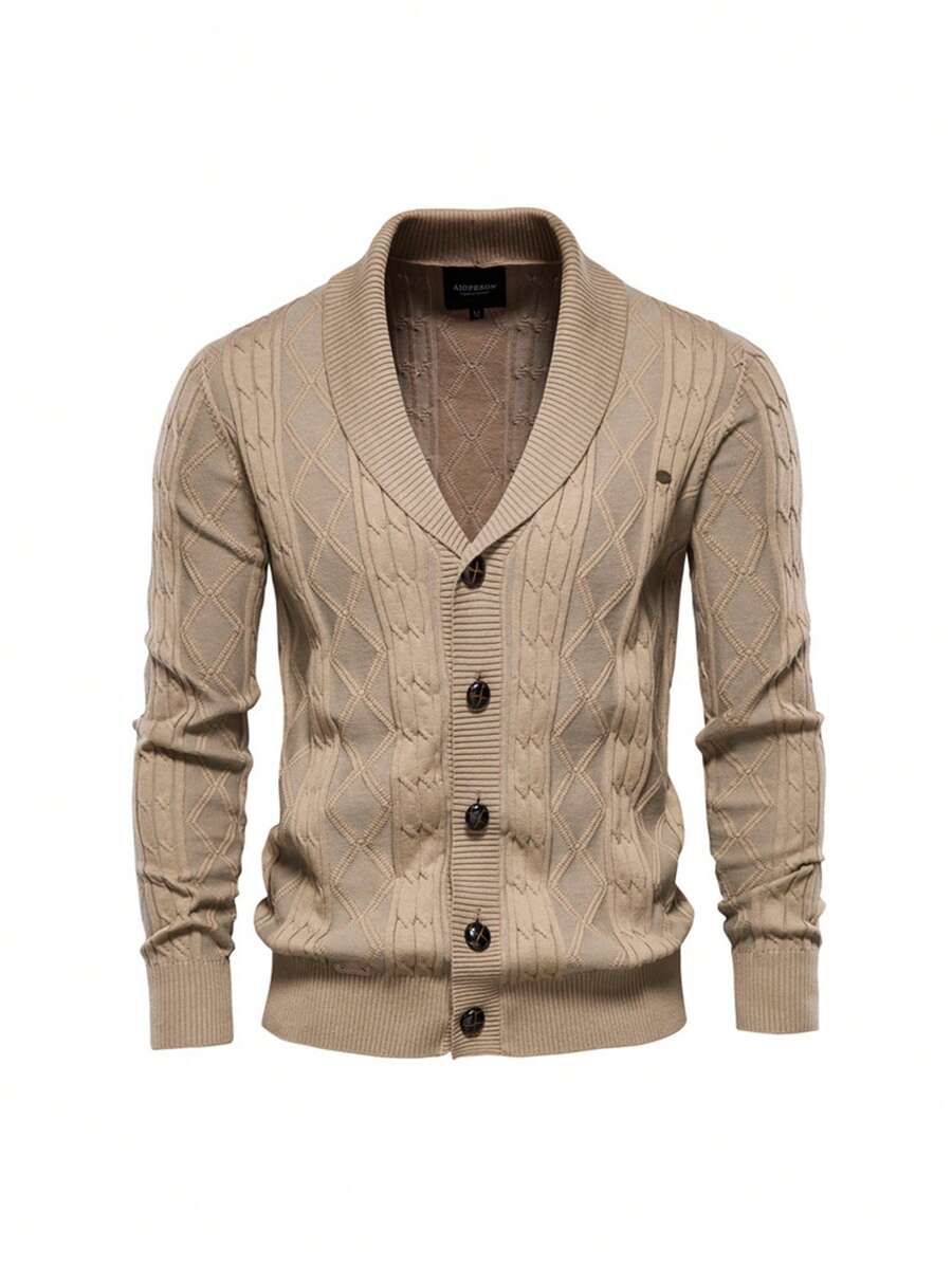 男士時尚品牌長袖針織開衫夾克 - 卡其色 - 查看 1