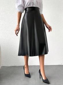 EURMUSE Solid PU Leather Flare Hem Skirt - Black - View 5