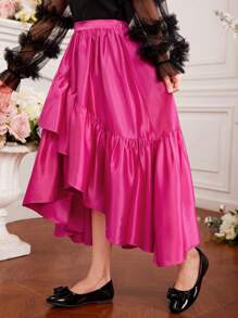 Tween 女童高低褶饰缎面复古正式半身裙，下摆不对称 - 玫紅色 - 查看 6