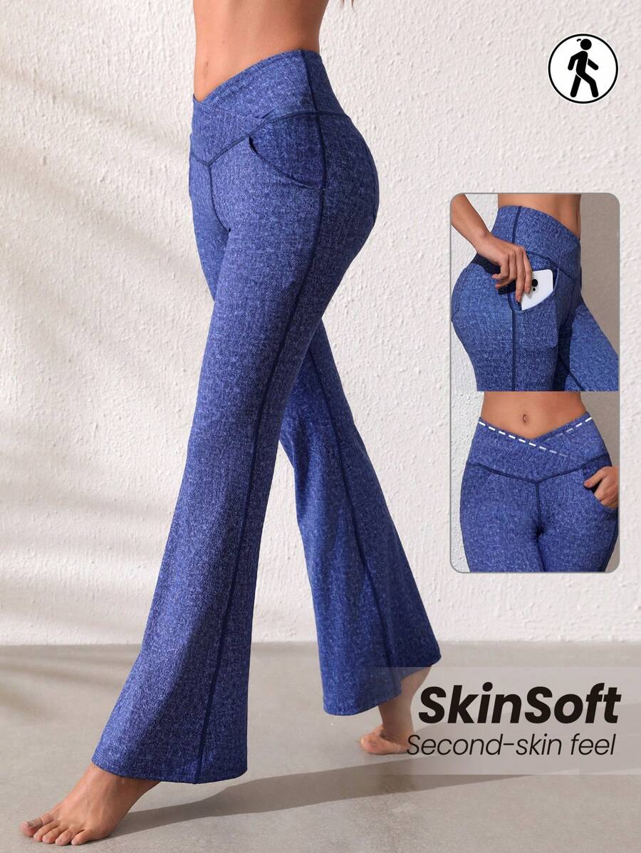 SHEIN Sports Pantalones deportivos con efecto de mezclilla y pierna de campana - Azul - Ver 1