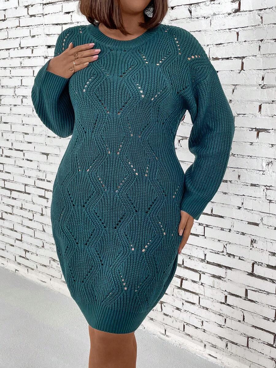 SHEIN LUNE Kích thước lớn Của phụ nữ Xu hướng: Cắt giảm Áo len dệt kim Đầm - Màu xanh lá cây đậm - Xem 1