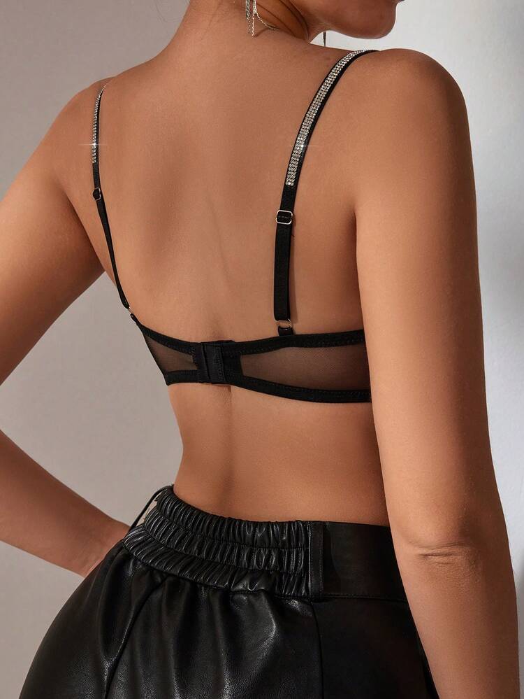 2pcs/Set Women's Diamond Decor Bra With Woven Strap Lingerie