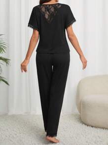 Snug Zone Women's Lace Embellished V-Neck Top And Pants Pajama Set - Black - View 3