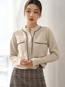 DAZY Áo Cardigan thiết kế túi và phối màu - Lạc đà - Xem 4