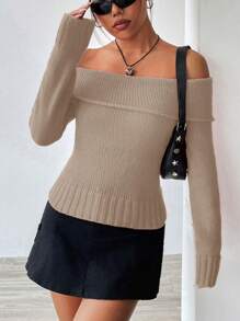 Flirla Sexy Off Shoulder Women's Knit Pullover Fall Winter Sweater - Khaki - View 7