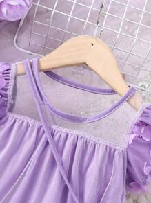 Baby Girls' Butterfly Applique Mesh Splicing Dress - Purple - View 4