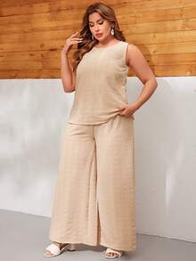 SHEIN LUNE Kích thước lớn Của phụ nữ Màu thuần Giải trí Bộ - Màu be - Xem 6