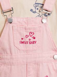 Baby Girl Pink Embroidered Denim Overalls - Pink - View 7