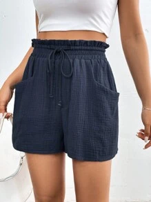 SHEIN Essnce Solid Color Double-Pocket Drawstring Paperbag Waist Shorts - Navy Blue - View 5