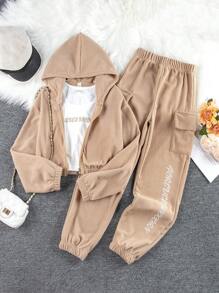 少女字母印花t恤,外套和褲子3入組