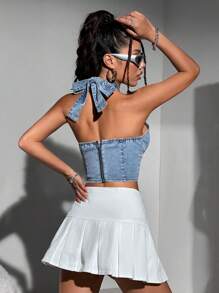 SHEIN ICON Y2k藍色彈性女性休閒貼身交叉領斜肩剪裁牛仔上衣 - 藍色 - 查看 5