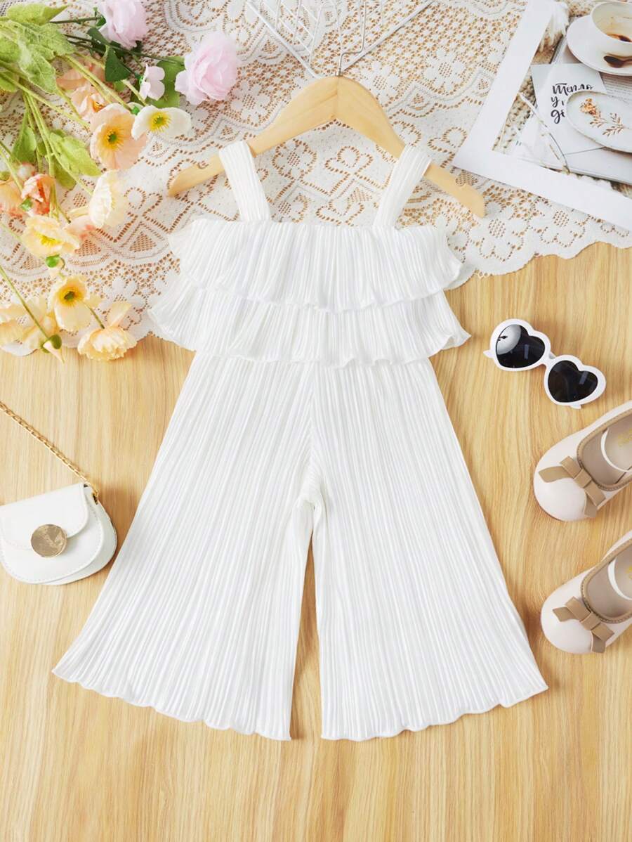 SHEIN Em bé Cô gái Giống như lụa Dây đeo Mì Ý  Áo liền quần Với Xù Hoa Sen Cho mùa hè Ngày lễ - trắng - Xem 1