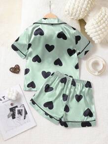 Tween Girls' Heart Printed Green Satin Shorts & Short Sleeve Cardigan With Button And Two Pockets Casual 2pcs Home Outfit - Green - View 2