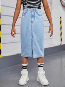 SHEIN Tween Girls' Fashionable, Casual, Comfortable, High-Slit, Washed Denim Skirt