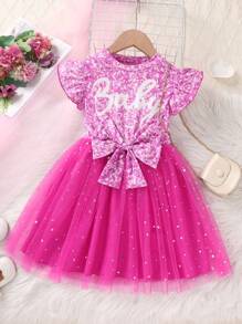 SHEIN Glamorique Kids Young Girl Summer Fairy Birthday Dress,Short Cap Sleeve Glitter Letter Print With Bowknot Waist Sparkly Mesh Kids Sparkle Dress - Hot Pink - View 3