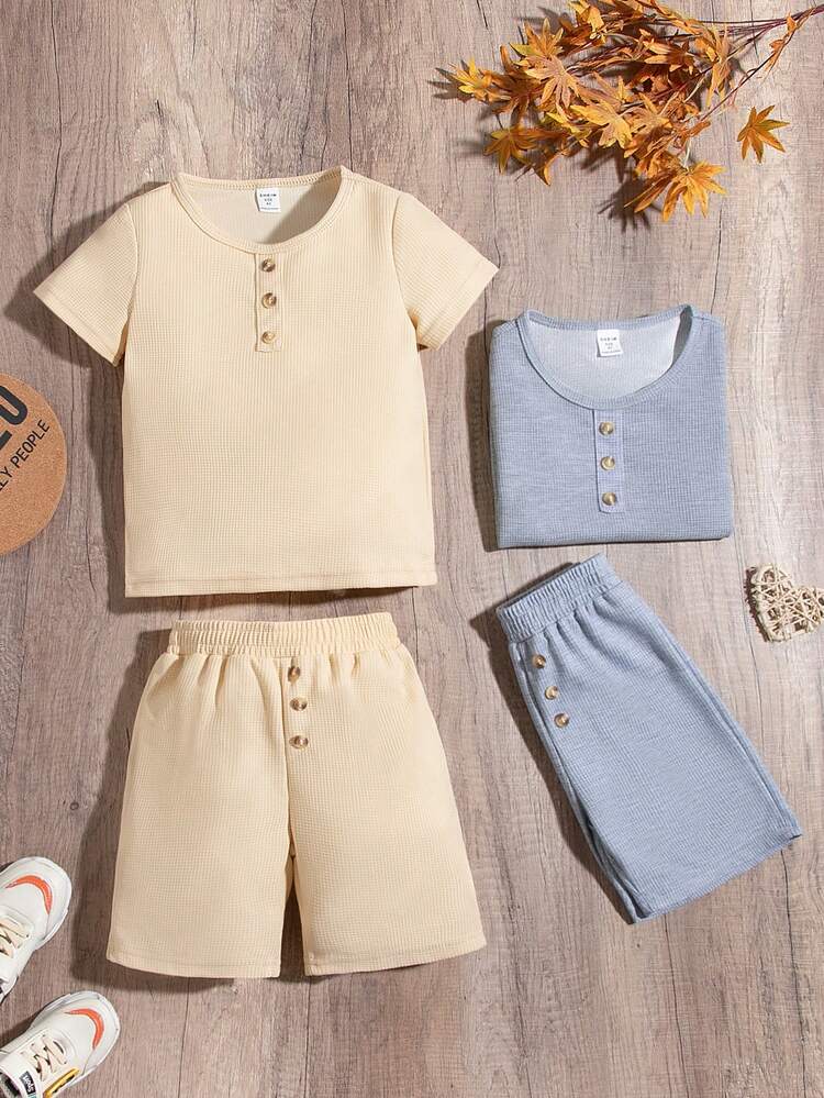 2pcs/Set Fashionable And Comfortable Toddler Boys' Casual Short Sleeve T-Shirt And Elastic Waist Shorts Set