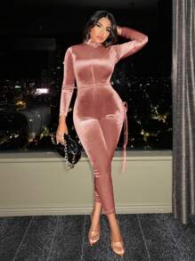 SHEIN SXY 天鵝絨交叉後背拉鍊無袖連體褲，性感修身款式 - 藕粉色 - 查看 4