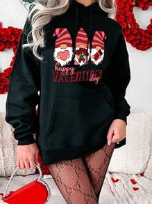SHEIN EZwear Women Cartoon Valentine's Day Letter Printed Hoodie With Drawstring - Black - View 1