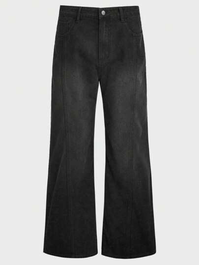 Manfinity Unisex Men's Regular Mid Waist Non Elastic Spliced Loose Wide Leg Jeans Baggy Long Acid Wash Flare Jean Cargo Plain Black Going Out Y2K Friends, Emo Style