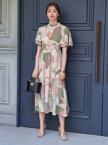 DAZY Geo Print Butterfly Sleeve Dress Sundress - Multicolor - View 4