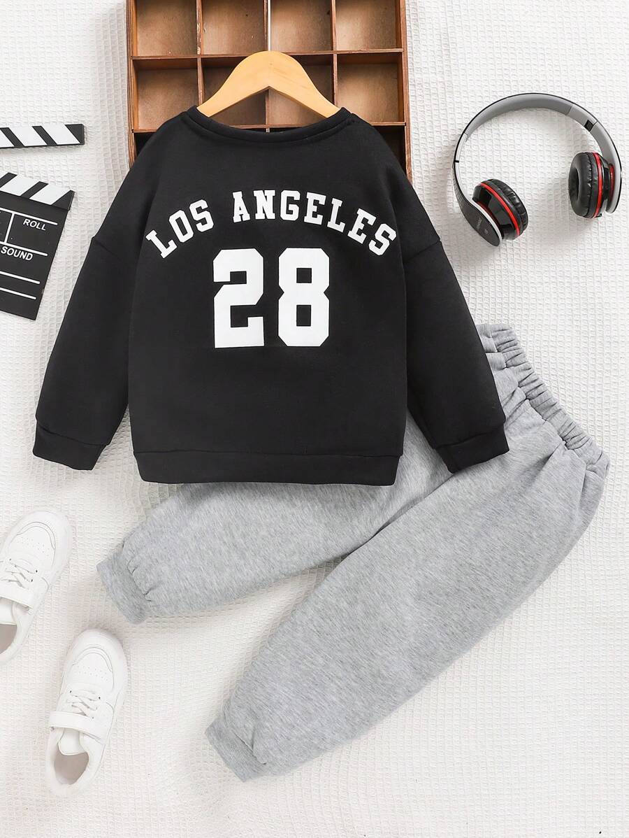 SHEIN Young Boy Casual Sports Print Pattern Crew Neck Sweatshirt And Knitted Long Pants Set, Fleece, Thickened - Multicolor - View 1