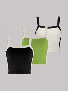 SHEIN LUNE 3pcs Women's Colorblock Ribbed Knit Camisole Tank Top With Trim - Multicolor - View 3