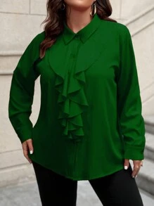 Plus Size Women's Ruffle Trim Long Sleeve Blouse - Green - View 5
