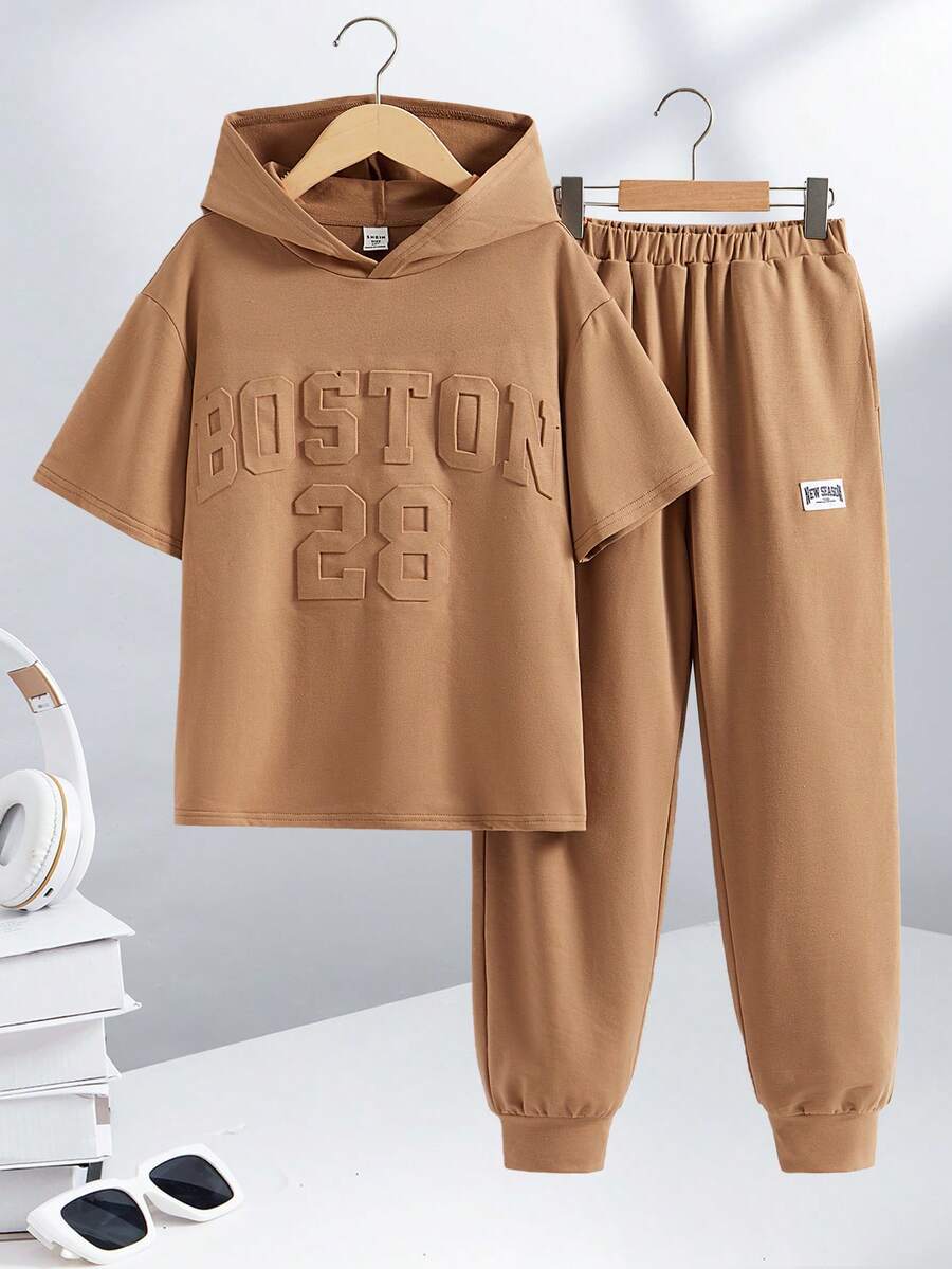 Tween Boys' Loose Fit Casual Hooded Short Sleeve T-Shirt And Pants Set With Letter Print Pattern - Khaki - View 1