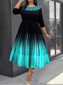 SHEIN Clasi 大碼幾何印花A字洋裝 - 黑色 - 查看 6