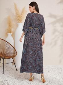 Al Najma Patchwork Sequin Embroidery V-Neck Dress Kaftan Jalabiya Dress - Multicolor - View 2