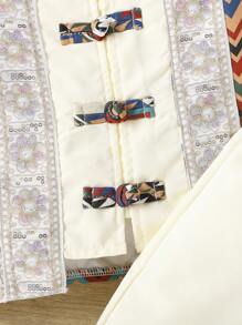 幾何印花嬰兒男童漢服,開襟長袖襯衫和長褲,適用於表演