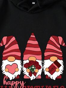 SHEIN EZwear Women Cartoon Valentine's Day Letter Printed Hoodie With Drawstring - Black - View 3