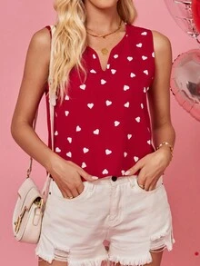 SHEIN LUNE 浪漫的情人節心形印花女士背心 - 紅色 - 查看 3