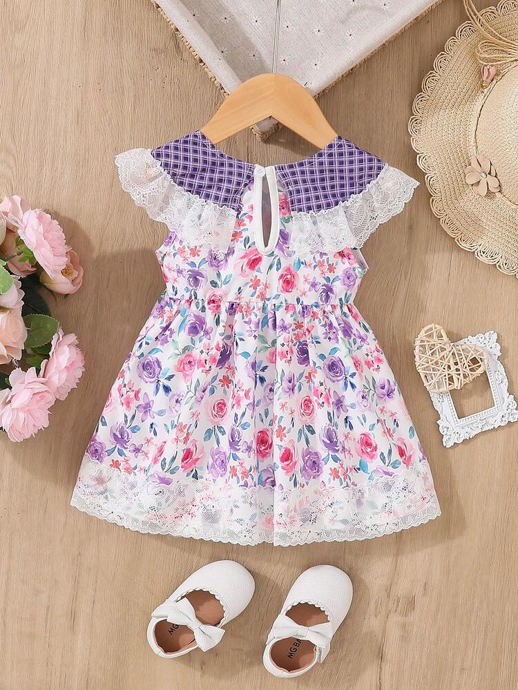Baby Girl Spring Purple Floral Dress With Lotus Leaf Collar, Cute & Daily & Casual & Elegant &
