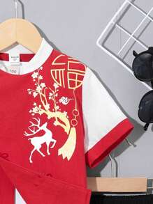 SHEIN Conjunto Casual De Dos Piezas Hanfu Estilo Chino Con Estampado, Para Niño Joven. Incluye Camisa De Manga Corta Con Cuello Alto Y Pantalones