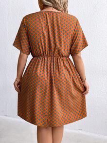 SHEIN LUNE Plus-Size Full Printed Button-Front Knee-Length Dress - Brown - View 2
