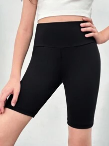Tween Girl Solid Wide Waistband Biker Shorts - Black - View 1