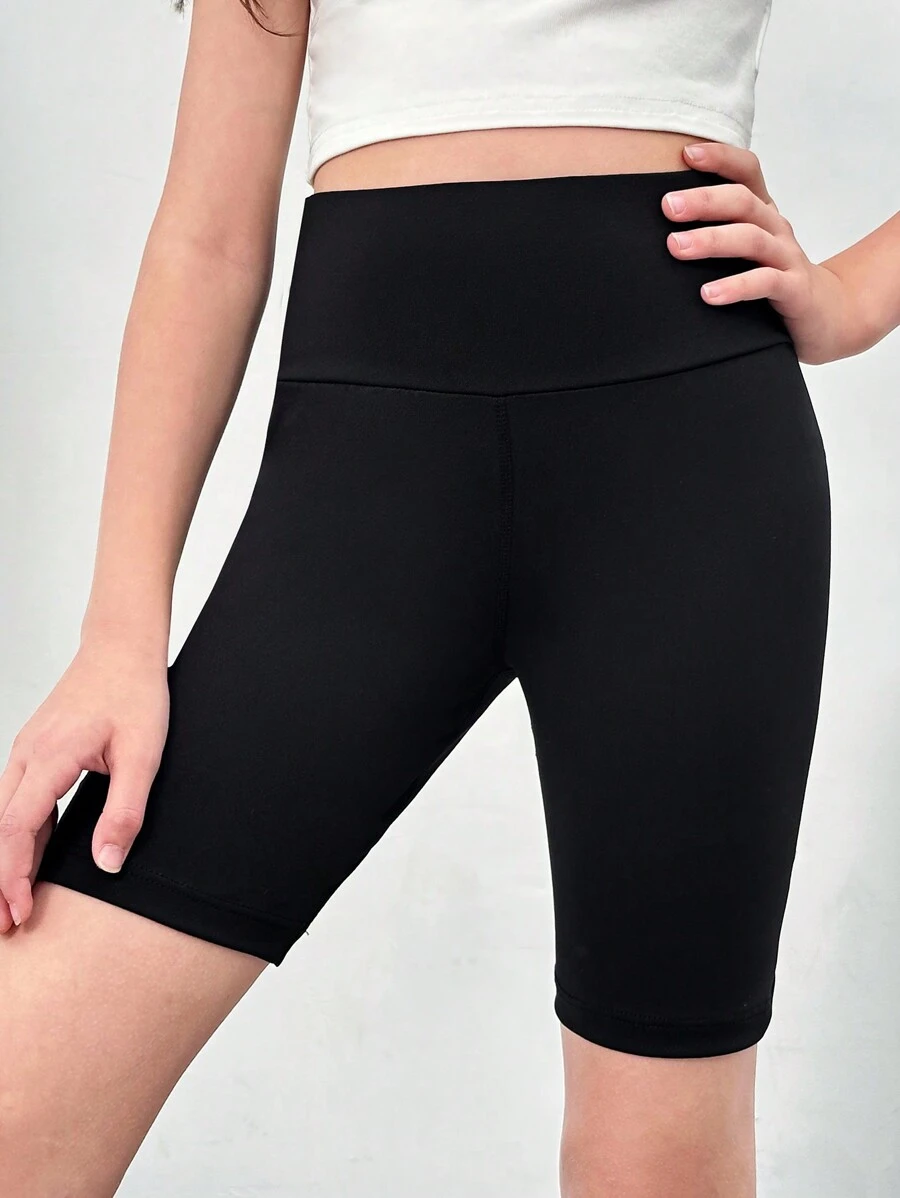 Tween Girl Solid Wide Waistband Biker Shorts - Black - View 1