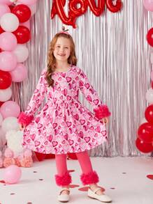 Young Girls Heart Printed Mesh Contrast Dress With Leggings, 2pcs/Set - Hot Pink - View 4