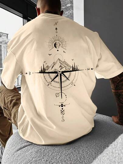 Manfinity LEGND Camiseta de manga corta con cuello redondo y gráfico de montaña para hombre, regalo de novio, para salir