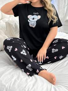 Conjunto De Pijama Con Pantalones Y Top De Manga Corta Con Estampado De Koala De Talla Grande