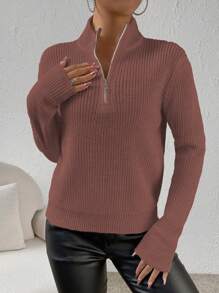 SHEIN Essnce Women's Half-Zipper Pullover Sweater - Dusty Pink - View 3