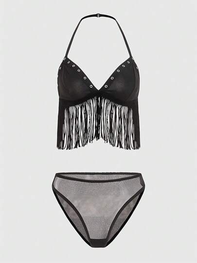 Damen set Aus Neckholder-spitzen-bralette Und Triangel-höschen Mit Fransen-quasten-details, Boo-gothic-stil