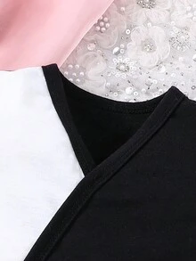 Conjunto de blusa de bloques de color y pantalones acampanados sólidos para bebé niña - Negro - Ver 3