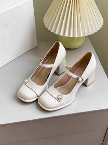 女士法式復古厚跟珍鞋,優雅珍珠裝飾,柔軟溫和的伴娘鞋 - 杏色 - 查看 1