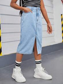 SHEIN Tween Girls' Fashionable, Casual, Comfortable, High-Slit, Washed Denim Skirt