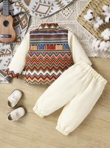 幾何印花嬰兒男童漢服,開襟長袖襯衫和長褲,適用於表演