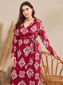 Mulvari Plus Size Women'S Full Print Wrap Collar Dress - Red and White - View 6
