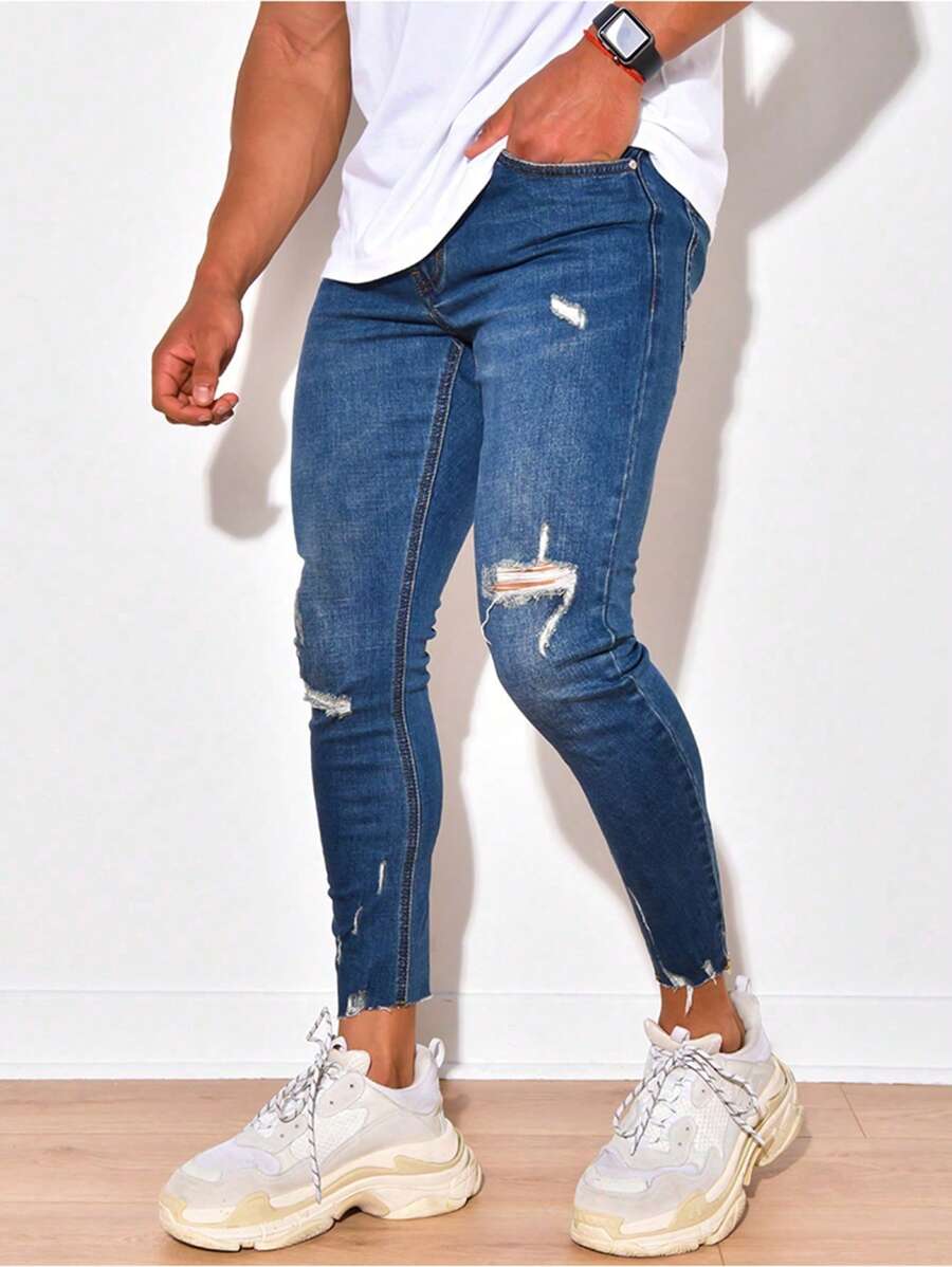 Men Ripped Raw Cut Skinny Jeans - Dark Wash - View 1